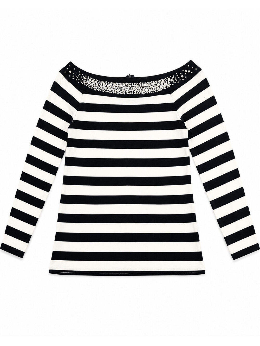 White House Black Market Women's Black White Stripe Rhinestone Pearl Top Size XL
